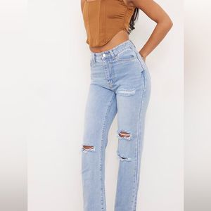 NWT PLT Light Blue Wash Distressed High Rise Long Leg Straight Jean. Size 8.